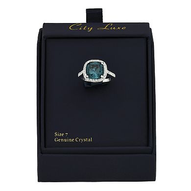 City Luxe Denim Blue Crystal Cushion Halo Ring