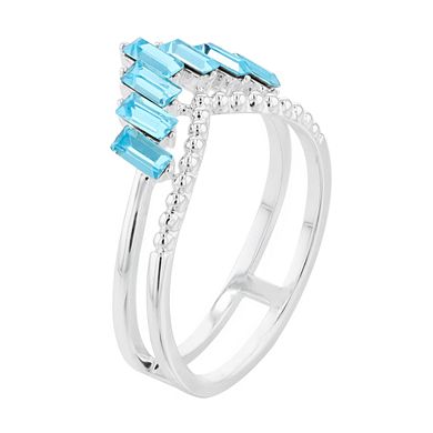 Brilliance Aqua Crystal & Silver Tone Chevron Baguette Ring