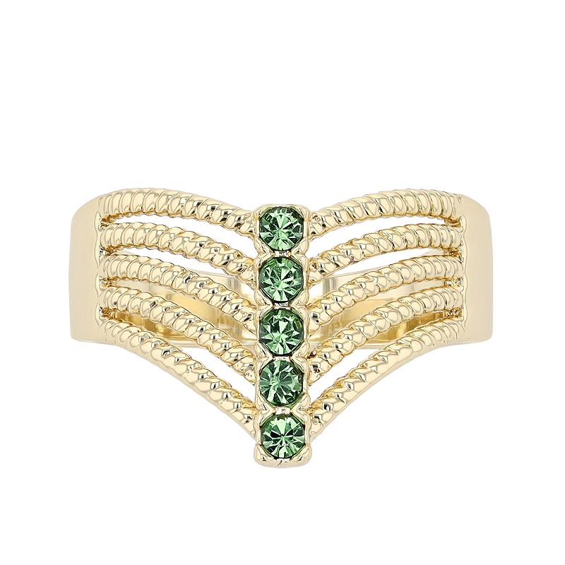 Brilliance Gold Tone Green Crystal Multirow Chevron Ring, Womens, Size: 7