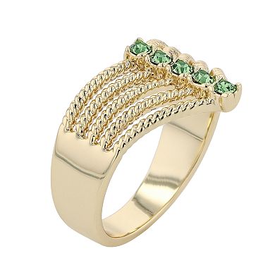 Brilliance Gold Tone Green Crystal Multirow Chevron Ring