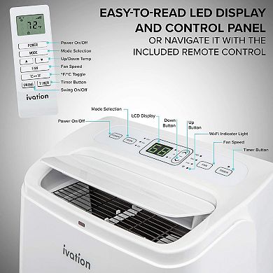 Ivation 10000 BTU Portable Moveable Air Conditioner with Wi-Fi for Rooms, Dehumidifier with Remote