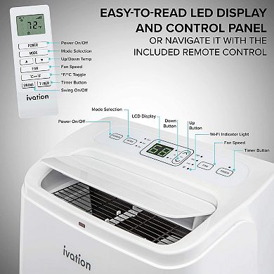 Ivation 12000 BTU Portable Moveable Air Conditioner with Wi-Fi for Rooms, Dehumidifier with Remote