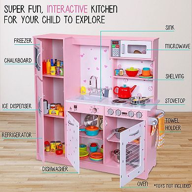 Lil' Jumbl Kids Kitchen Set, Toddler Pretend Wooden Kitchen Playset - Pink