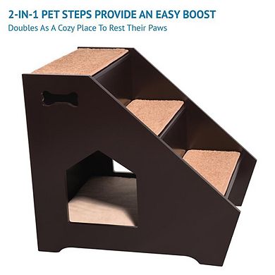 Arf Pets Cat Step House Wooden Pet Stairs 3 Nonslip Steps, Built-in House For Dogs And Cats