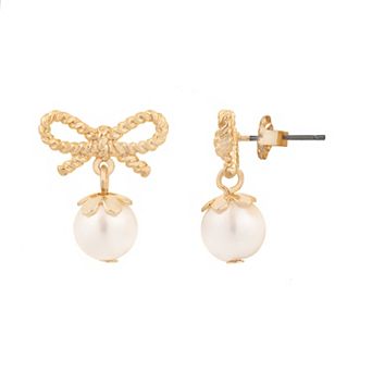 LC Lauren Conrad Gold Tone Simulated Pearl Rope Bow Nickel Free Drop Earrings