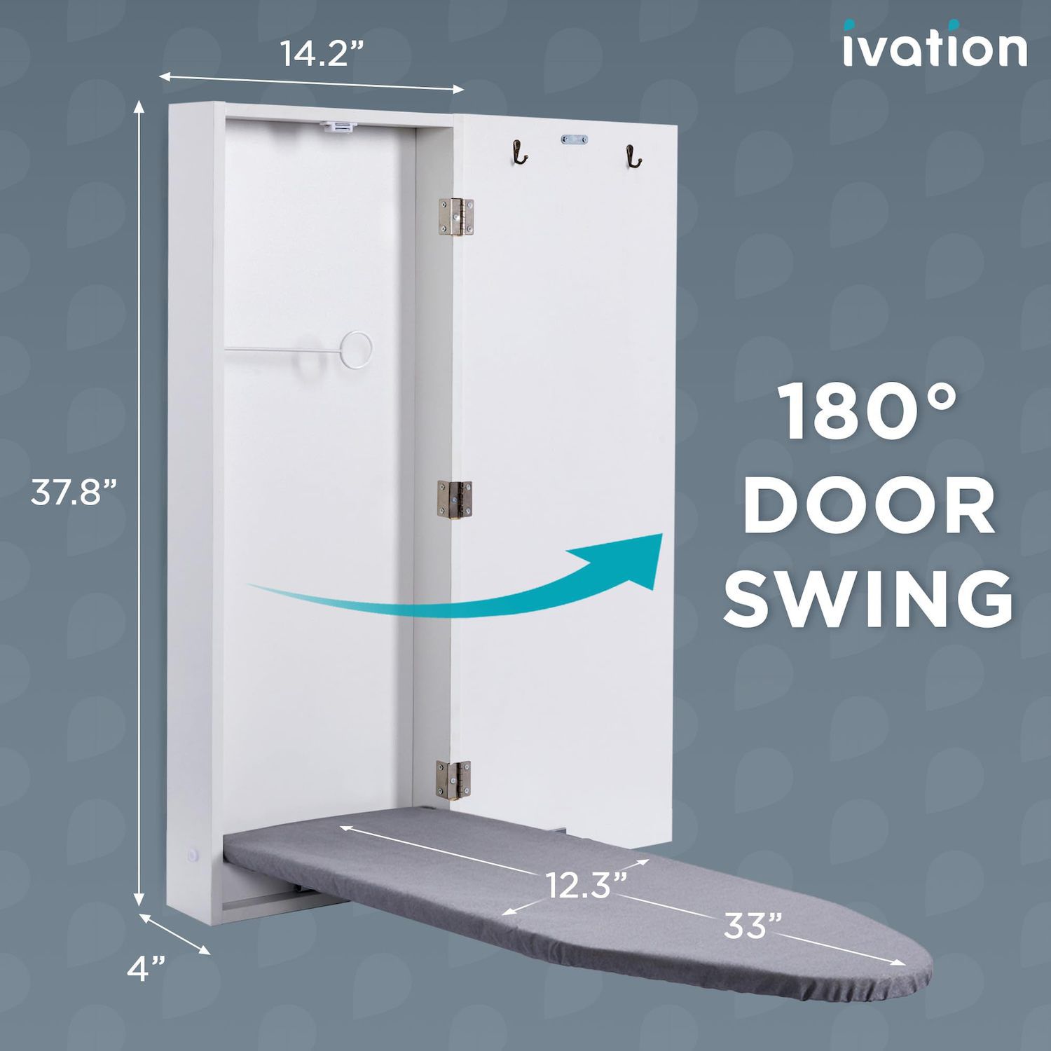 Ivation hanging ironing board dimensions with 180° door swing