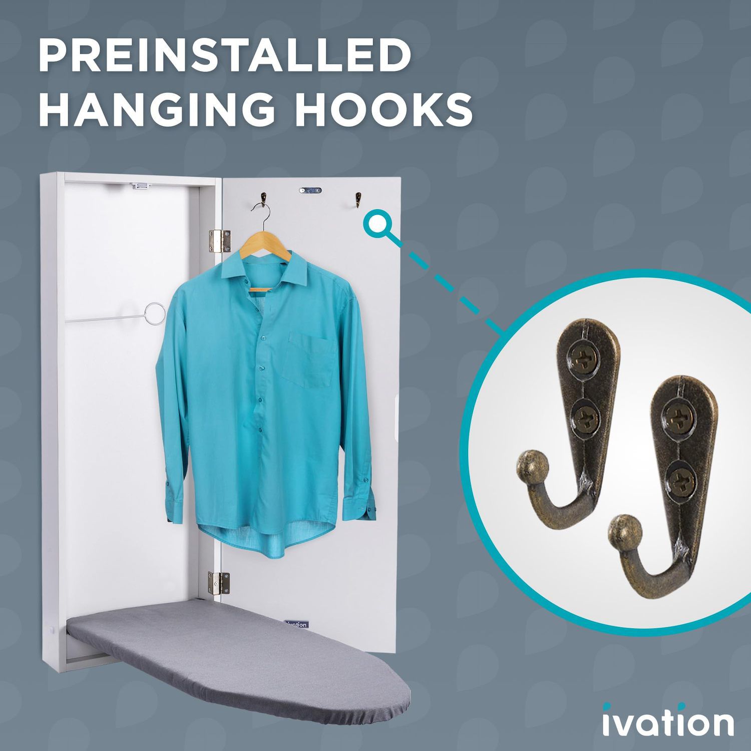 Ivation hanging ironing board with preinstalled hanging hooks