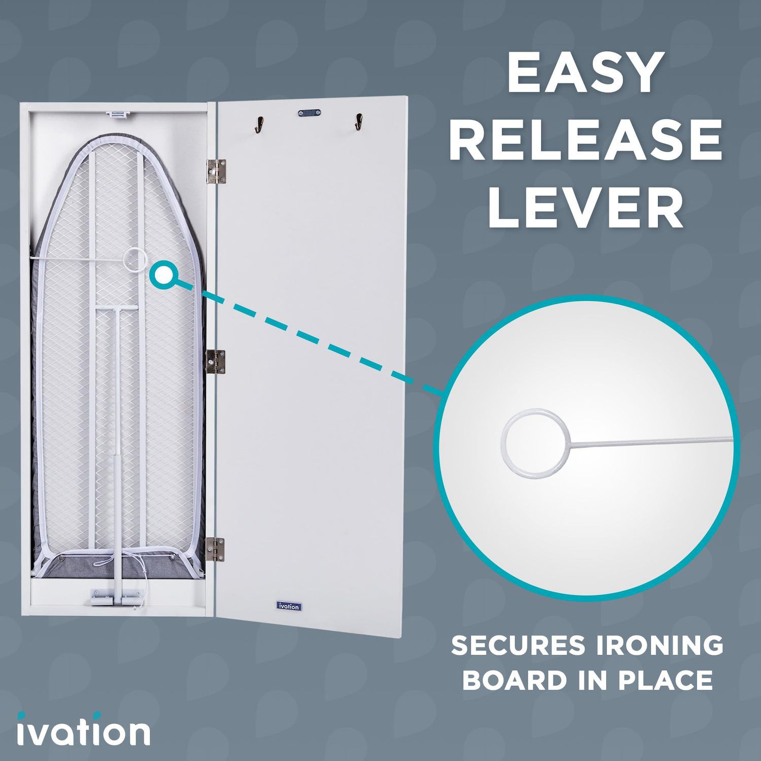 Ivation hanging ironing board easy release lever to secure board