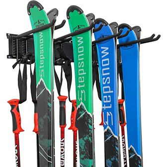 RaxGo Ski Wall Rack, Holds 4 Pairs of Skis & Skiing Poles or Snowboard w/Adjustable Rubber-Coated