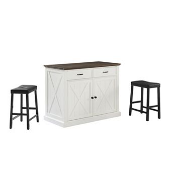 Crosley Clifton Kitchen Island & Upholstered Saddle Stools 2 pc Set