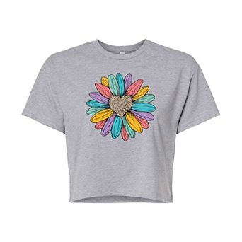 Juniors' Rainbow Heart Daisy Cropped Graphic Tee