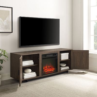Crosley Furniture Silas Walnut 58 Low Profile TV Stand with Fireplace