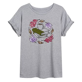 Juniors' Autumn Books Leaves Oversized Graphic Tee
