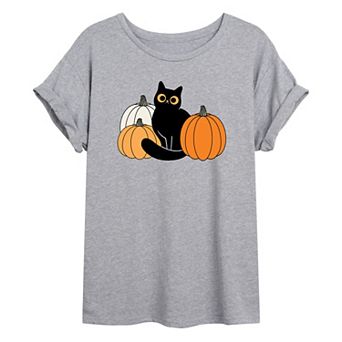Juniors' Cat Pumpkin Patch Oversized Graphic Tee