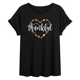 Juniors' Thankful Fall Heart Oversized Graphic Tee