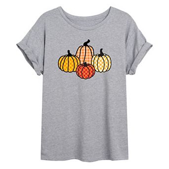 Juniors' Plaid Pumpkins Oversized Graphic Tee