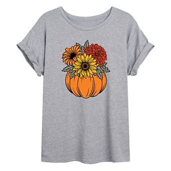 Juniors' Fall Flowers Pumpkin Oversized Graphic Tee