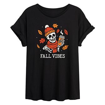 Juniors' Fall Vibes Skeleton Oversized Graphic Tee