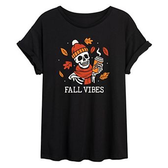 Juniors' Fall Vibes Skeleton Oversized Graphic Tee