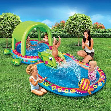 Banzai Shade N Slide Turtle Inflatable Outdoor Kiddie Splash Pool with Sprinkler