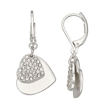 Nine West Silver Tone Pave Heart Leverback Earrings