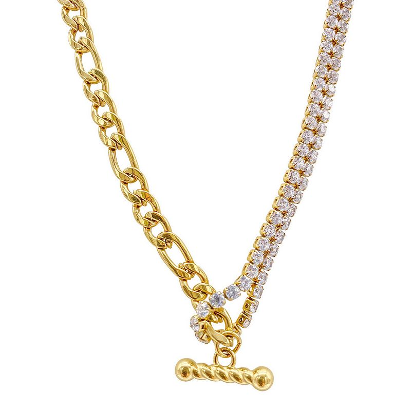 Adornia 14k Gold Plated Half & Half Figaro Chain & Crystal Toggle Necklace