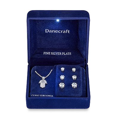 Danecraft Hamsa Hand Pendant Necklace and Trio Cubic Zirconia Stud Earring Set