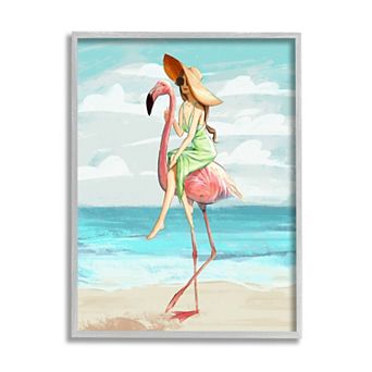 Stupell Home Decor Flamingo Beach Woman Framed Wall Art