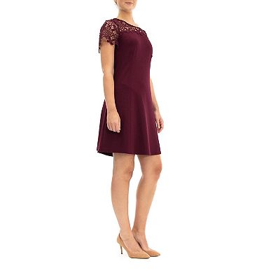 Women's Nina Leonard Lace-Yoke Cap Sleeve A-Line Dress