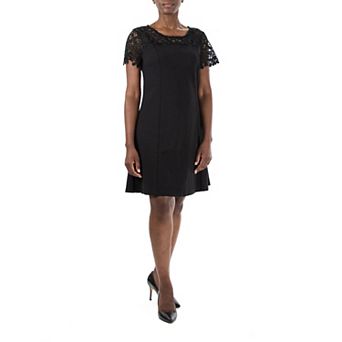 Women's Nina Leonard Lace-Yoke Cap Sleeve A-Line Dress