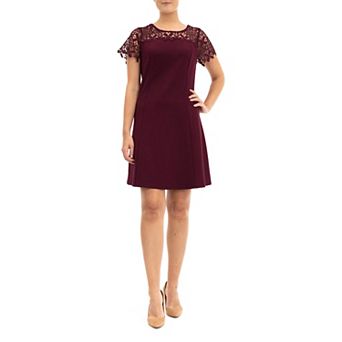 Women's Nina Leonard Lace-Yoke Cap Sleeve A-Line Dress