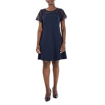 Women's Nina Leonard Lace-Yoke Cap Sleeve A-Line Dress
