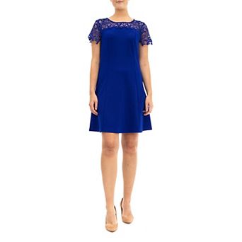 Women's Nina Leonard Lace-Yoke Cap Sleeve A-Line Dress