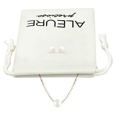 Aleure Precioso Rose Gold Over Sterling Silver Pearl Station Necklace & Stud Earrings Set