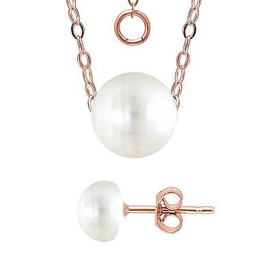 Aleure Precioso Rose Gold Over Sterling Silver Pearl Station Necklace & Stud Earrings Set