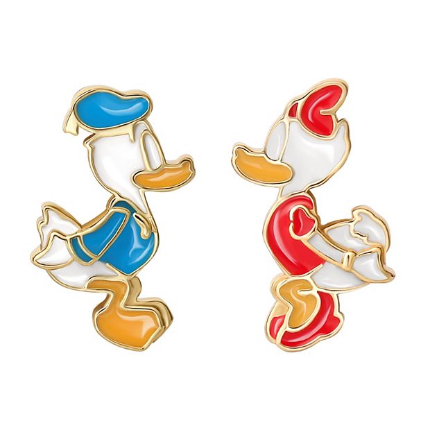 Disney s Donald Duck Daisy Duck 18k Gold Over Silver Enameled Mismatched Stud Earrings