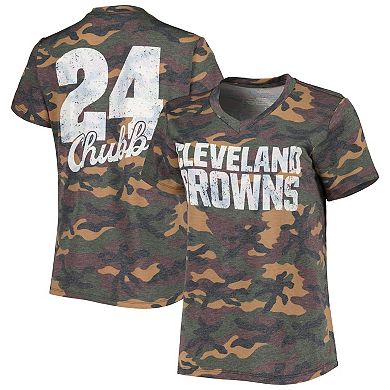 Women's Majestic Threads Nick Chubb Camo Cleveland Browns Name & Number V-Neck Tri-Blend T-Shirt
