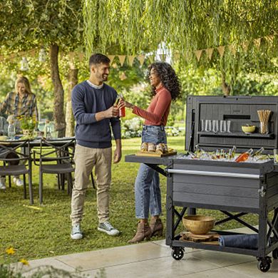 Keter Outdoor Patio Cooler Ice Chest, Insulated Beverage Bar Cart W/wheels, Gray