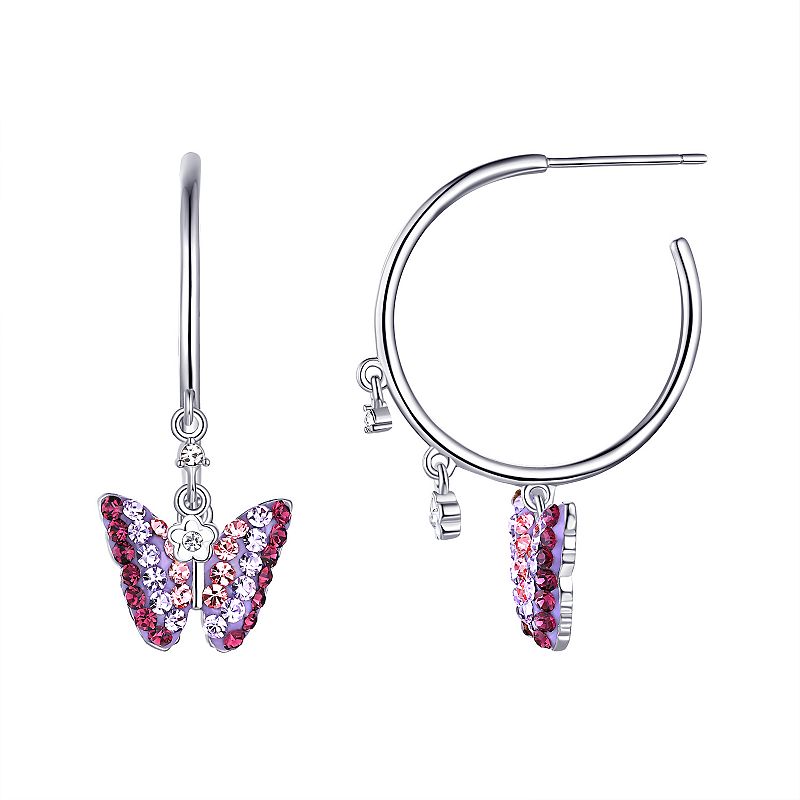 Silver Plated Purple Crystal Butterfly Hoop Earrings, Womens