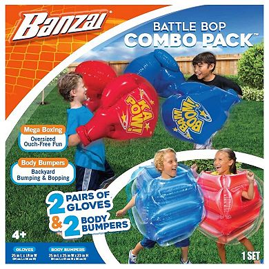 Banzai Battle Bop Combo Pack w/ Inflatable Gloves & Body Bumpers, 2 Pairs Each + Banzai Sun 'N Splash Fun Kids Inflatable Bounce House & Water Slide Splash Park