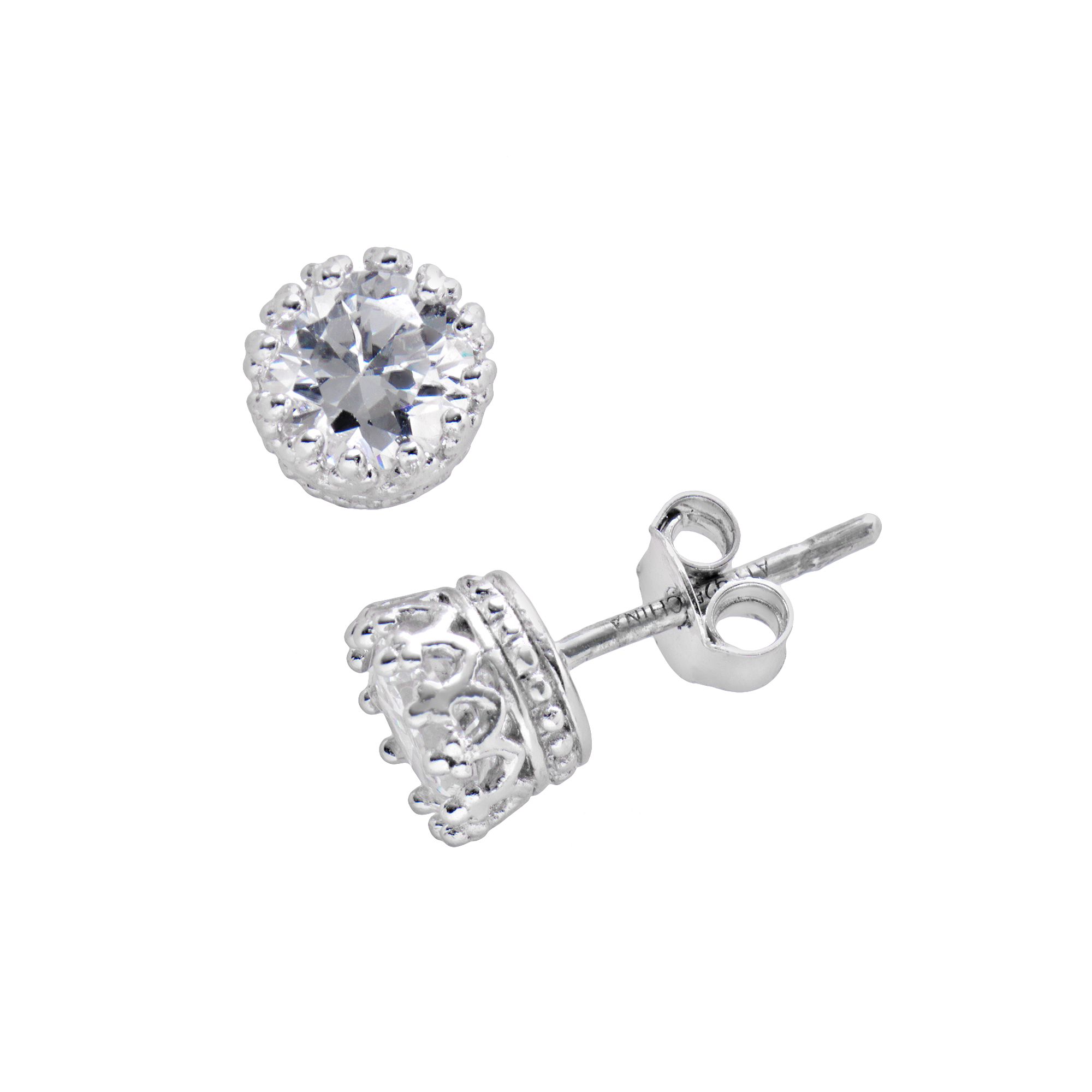 Sterling Silver Cubic Zirconia Crown Stud Earrings, Womens
