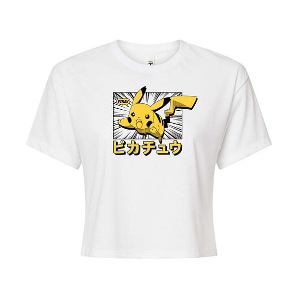 Juniors' Pokémon Pikachu & Kanji Script Cropped Graphic Tee