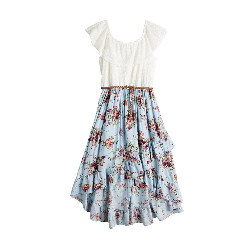 Girls 7-16 Knit Works Ruffle Lace Top Printed High Low Wrap Maxi Dress in Regular