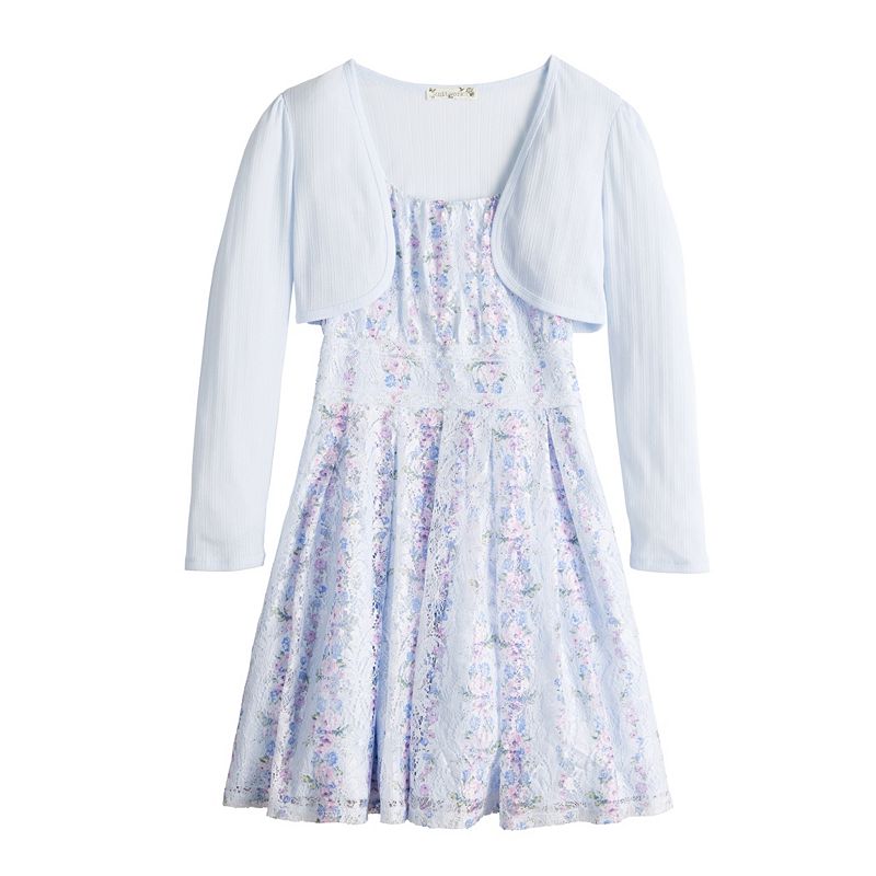 Girls 7-16 & Plus Knit Works Shirred Lace Trim Dress & Cardigan Set, Girls