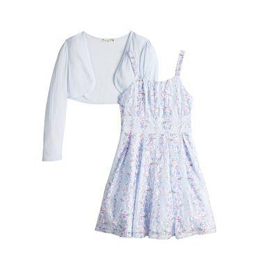 Girls 7-16 & Plus Knit Works Shirred Lace Trim Dress & Cardigan Set