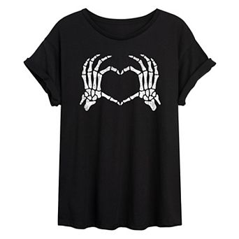 Juniors' Skeleton Hand Heart Oversized Graphic Tee