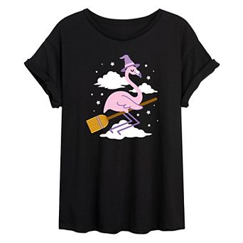 Juniors' Flammingo Witch On Broon Oversized Graphic Tee