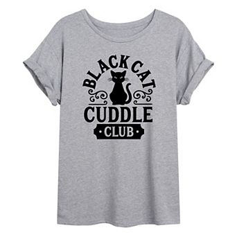 Juniors' "Black Cat Cuddle Club" Oversized Graphic Tee