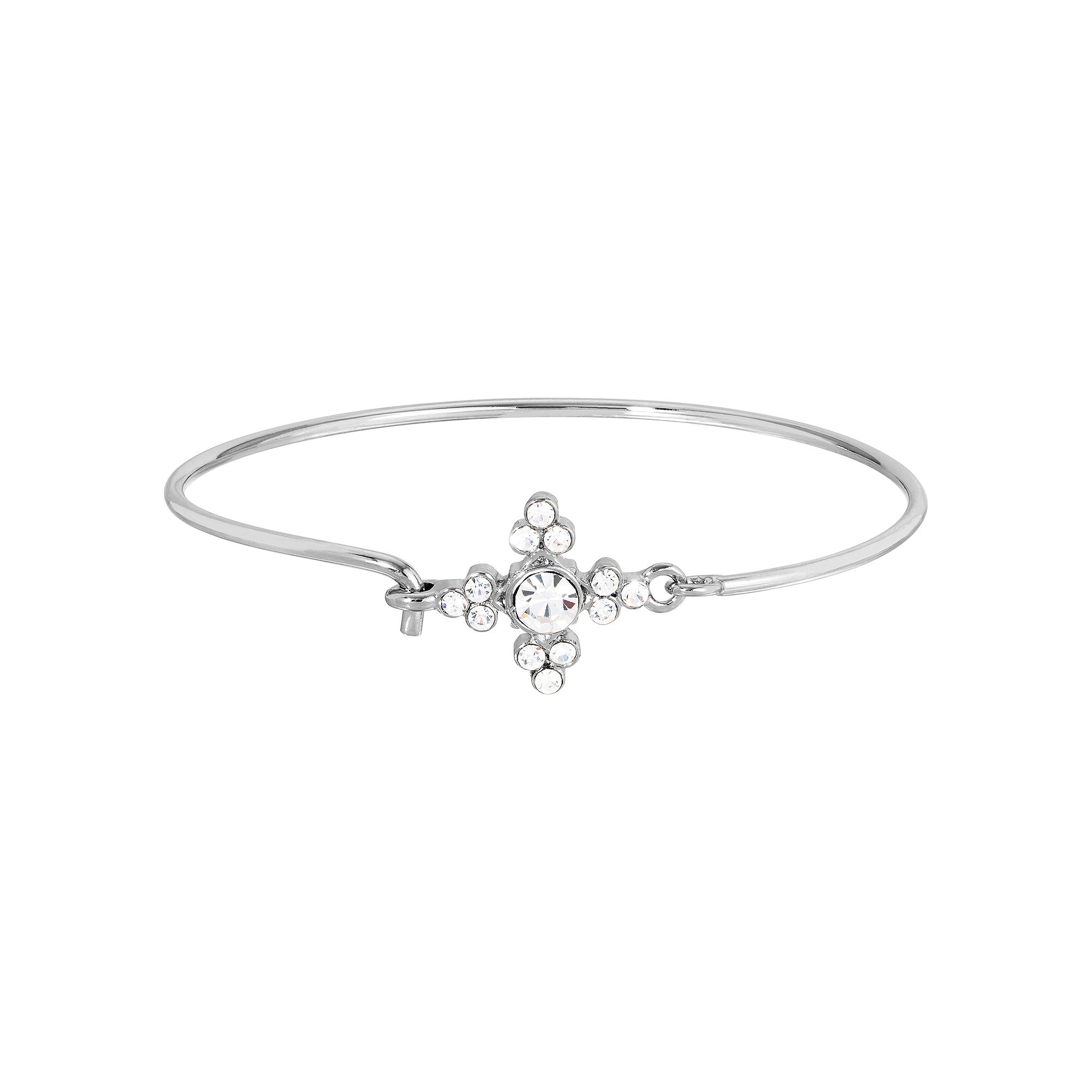 1928 Silver Tone Simulated Crystal Wire Bracelet, Womens, White