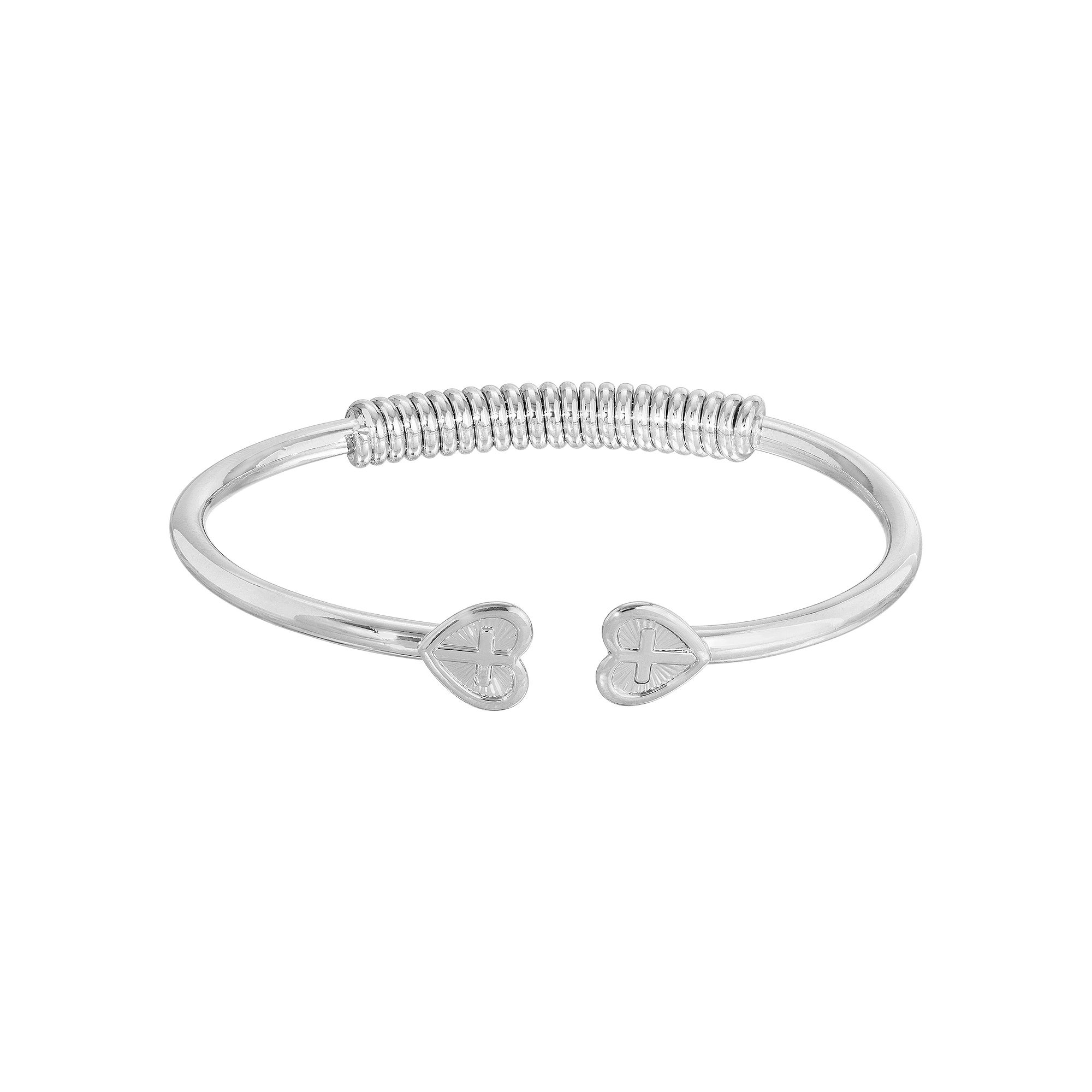 1928 Heart Cross Coil Spring Cuff Bracelet, Womens, Gray